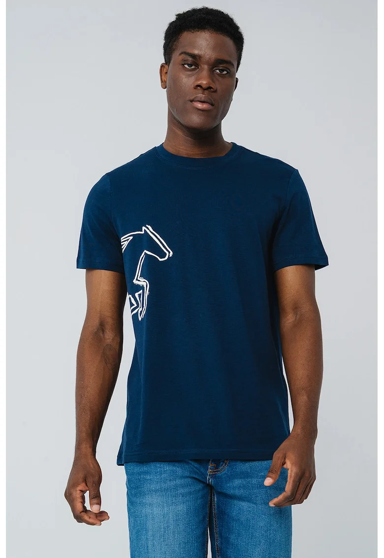 Tricou cu decolteu la baza gatului si imprimeu grafic Austin, Alb/Bleumarin