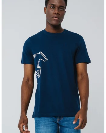 Tricou cu decolteu la baza gatului si imprimeu grafic Austin, Alb/Bleumarin