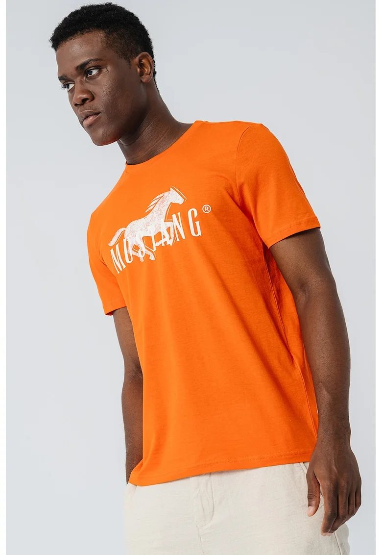 Tricou cu decolteu la baza gatului si imprimeu logo, Alb/Portocaliu stins