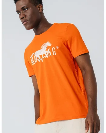Tricou cu decolteu la baza gatului si imprimeu logo, Alb/Portocaliu stins