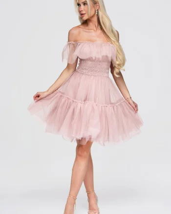 Rochie eleganta, din tul roz, cu umeri goi si volane delicate, Roz lucios