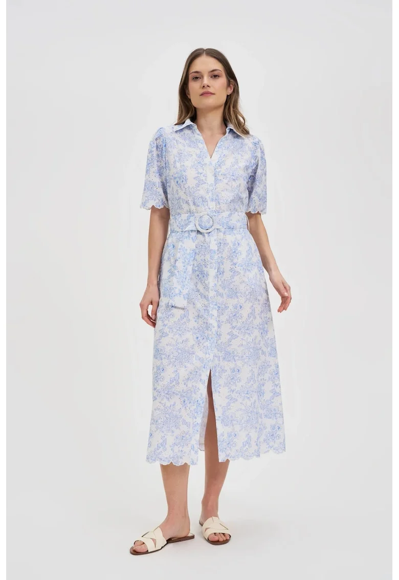 Rochie Alba din Bumbac cu Cureaua, Albastru