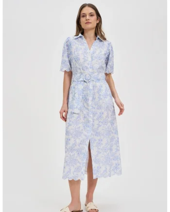 Rochie Alba din Bumbac cu Cureaua, Albastru