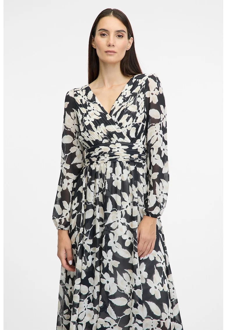 Rochie cu decolteu in V, model floral si maneci lungi, Alb fildes/Negru