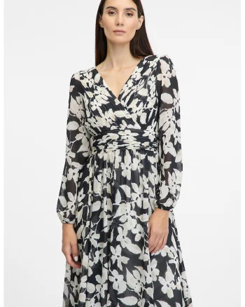 Rochie cu decolteu in V, model floral si maneci lungi, Alb fildes/Negru