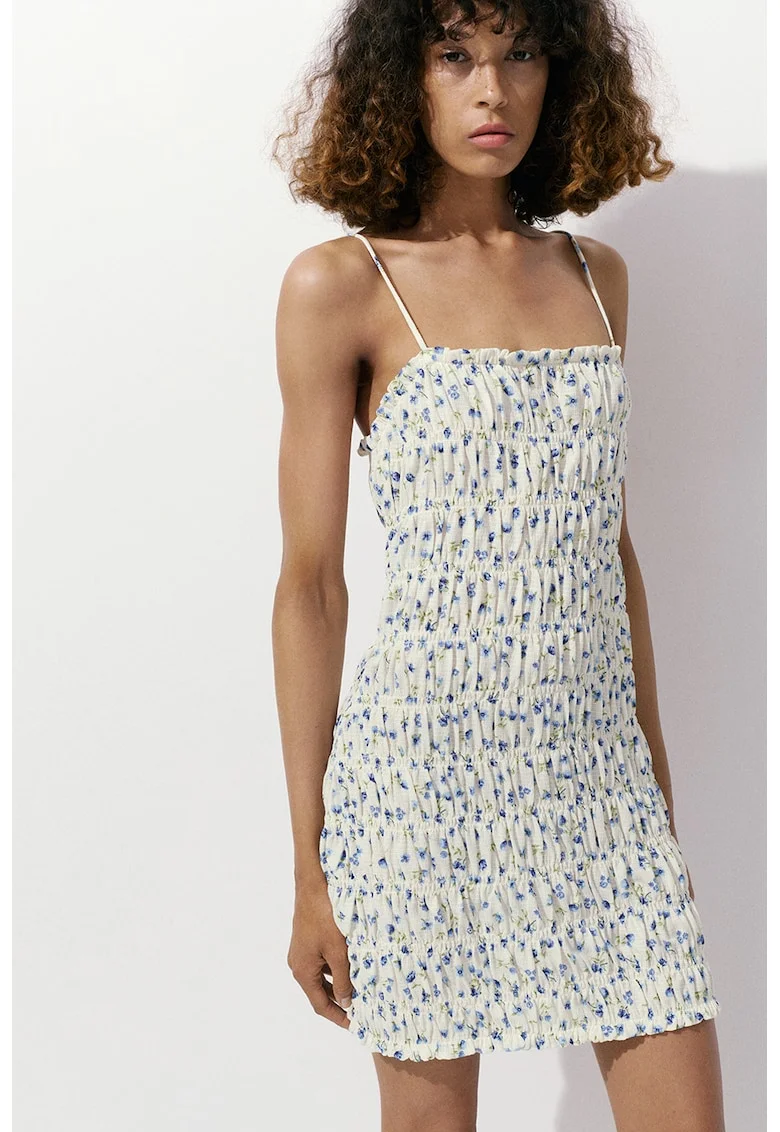 Rochie scurta cu design floral, Albastru inchis/Alb murdar