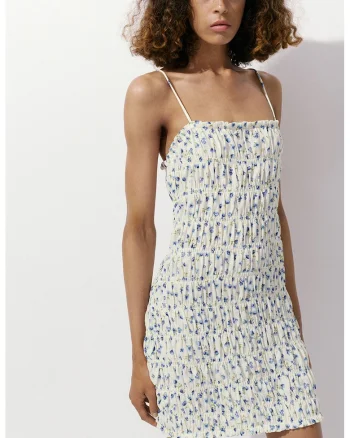 Rochie scurta cu design floral, Albastru inchis/Alb murdar