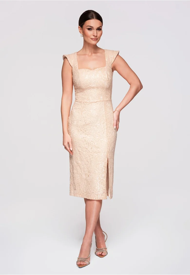 Rochie cocktail midi cu decolteu patrat si detalii din dantela, Crem