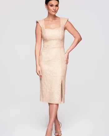 Rochie cocktail midi cu decolteu patrat si detalii din dantela, Crem