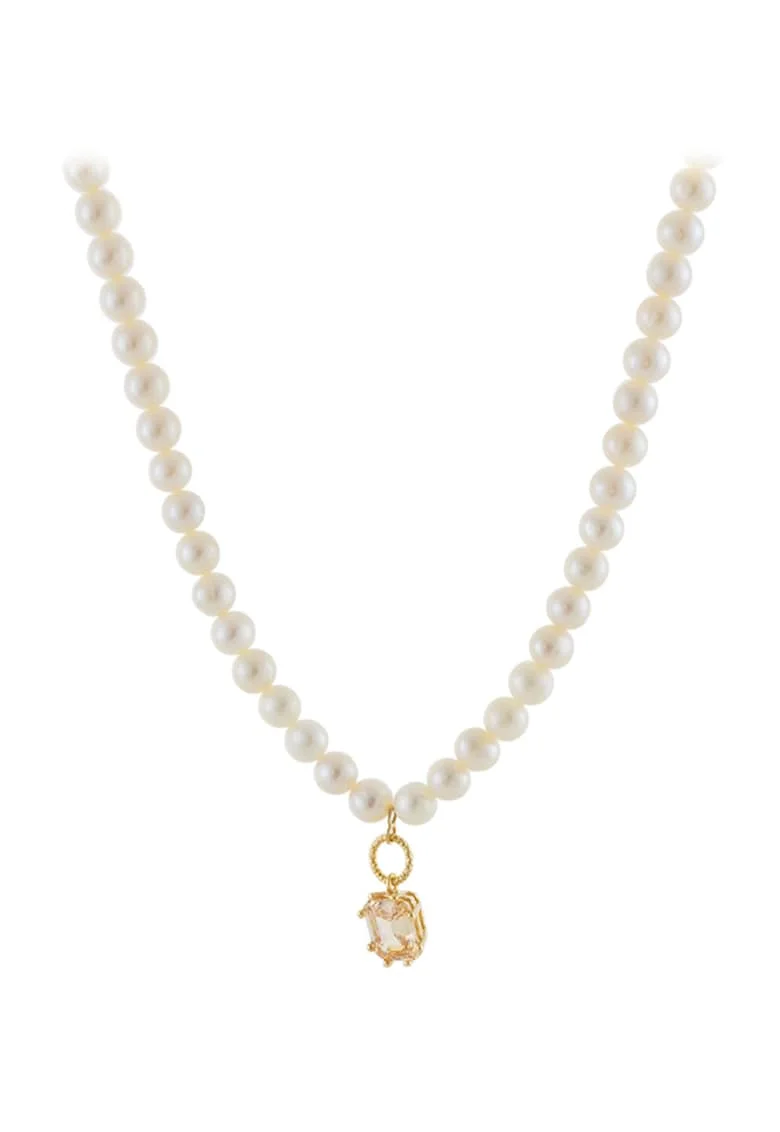 Colier placat cu aur de 18K cu zirconia si perle sintetice, Alb/Auriu