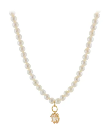 Colier placat cu aur de 18K cu zirconia si perle sintetice, Alb/Auriu
