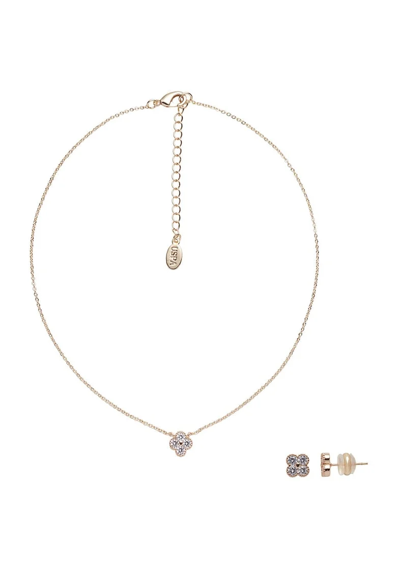 Set de cercei si colier din metal cu pandative cu cristale in forma de floare, Bronz