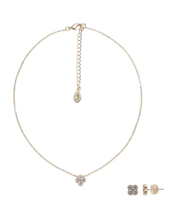 Set de cercei si colier din metal cu pandative cu cristale in forma de floare, Bronz