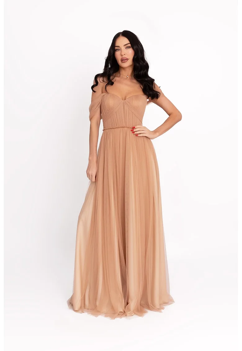 Rochie maxi cu decolteu pe umeri, Roz somon