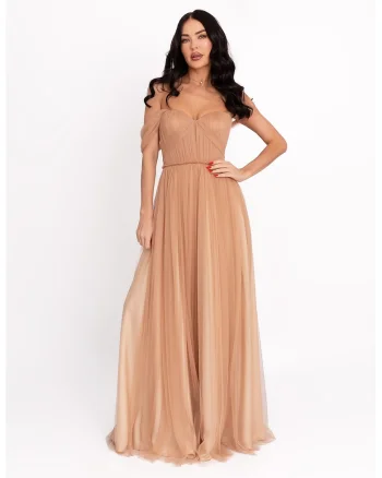 Rochie maxi cu decolteu pe umeri, Roz somon