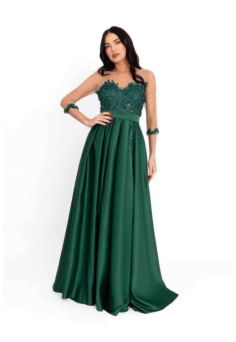 Rochie de satin cu insertii din tul, Verde englez