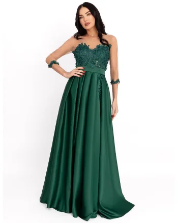 Rochie de satin cu insertii din tul, Verde englez