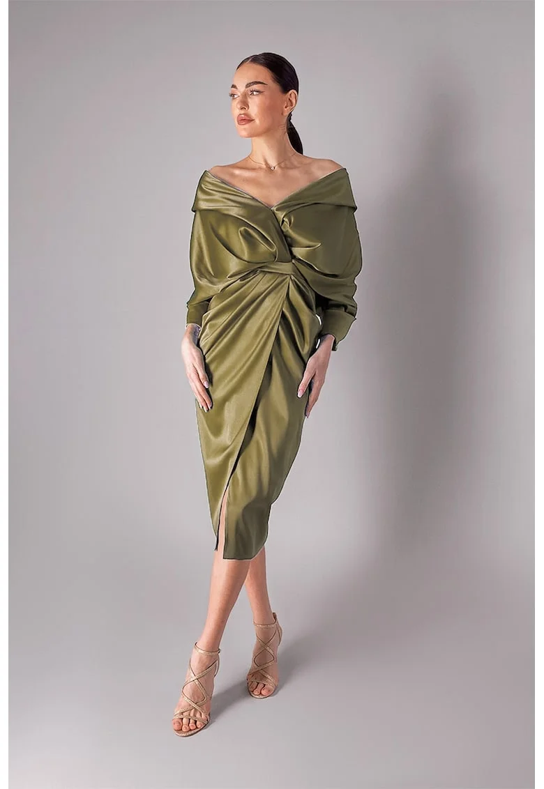 Rochie din satin cu aspect drapat, Verde masliniu