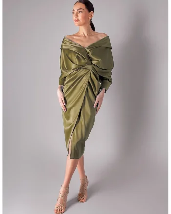 Rochie din satin cu aspect drapat, Verde masliniu