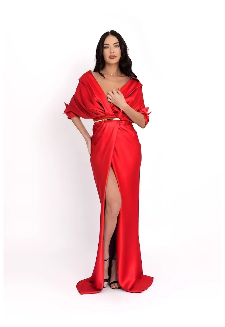 Rochie cu design drapat si slit frontal, Rosu