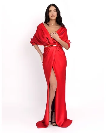 Rochie cu design drapat si slit frontal, Rosu