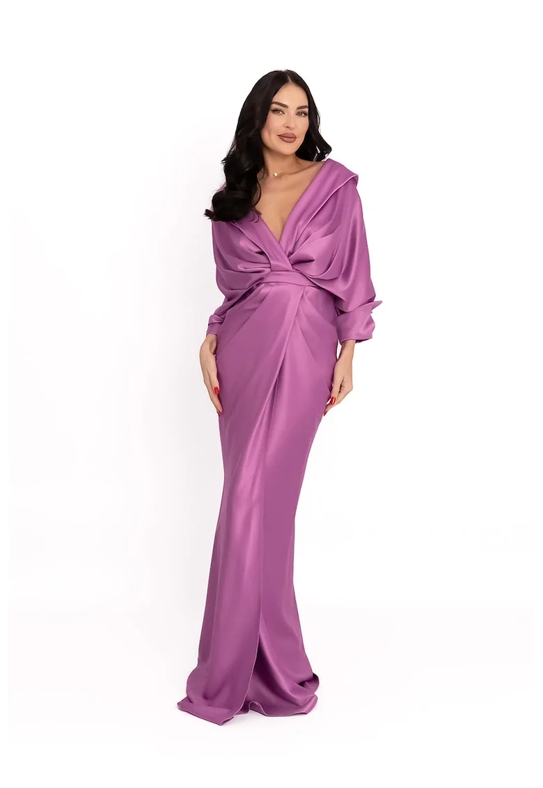 Rochie maxi de satin cu decolteu pe umeri, Lila