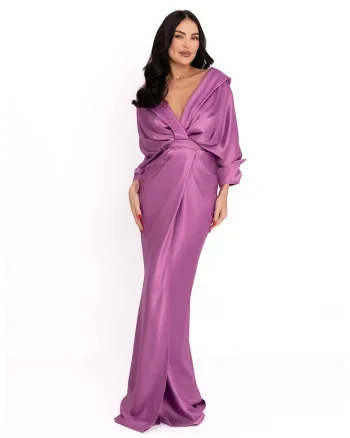 Rochie maxi de satin cu decolteu pe umeri, Lila