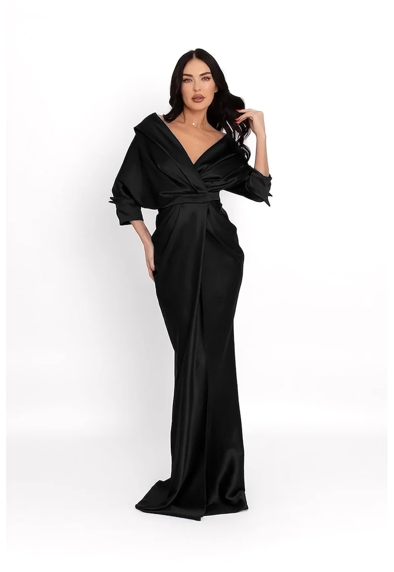 Rochie maxi de satin cu decolteu pe umeri, Negru