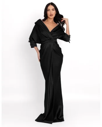 Rochie maxi de satin cu decolteu pe umeri, Negru