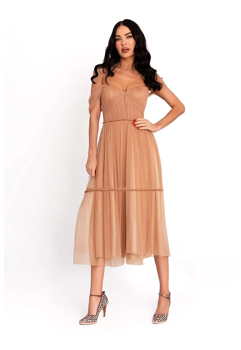 Rochie cu strat exterior cu tul, Maro nisip