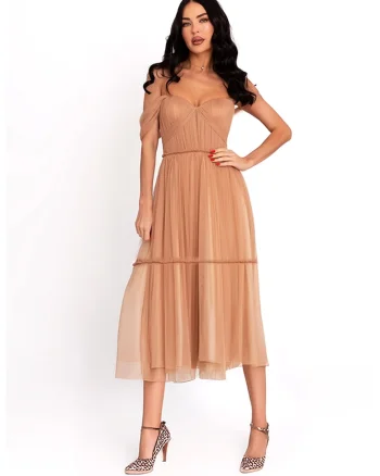 Rochie cu strat exterior cu tul, Maro nisip