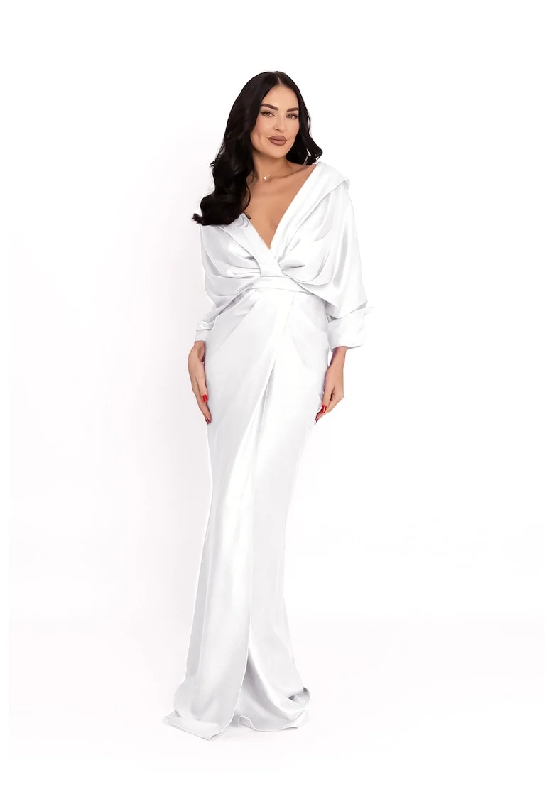 Rochie cu design drapat si slit frontal, Alb optic