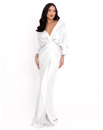 Rochie cu design drapat si slit frontal, Alb optic