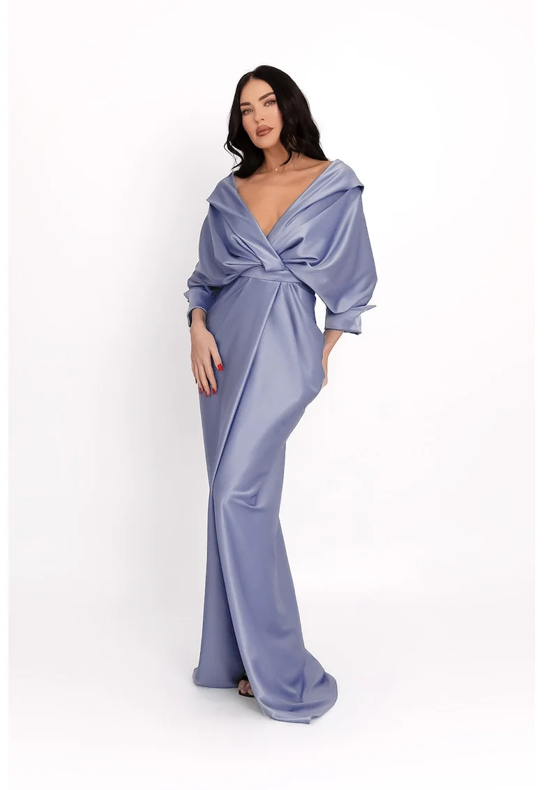 Rochie cu design drapat si slit frontal, Albastru prafuit