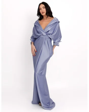 Rochie cu design drapat si slit frontal, Albastru prafuit