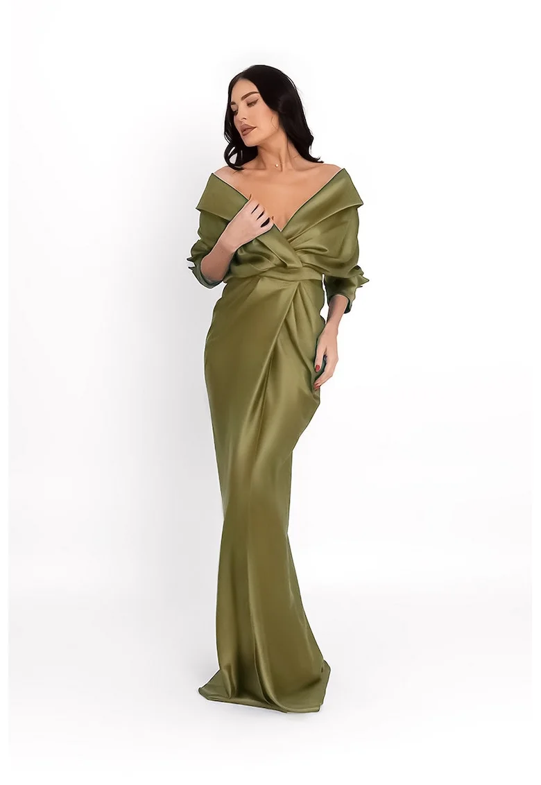Rochie maxi de satin cu decolteu pe umeri, Verde masliniu