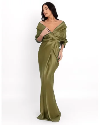 Rochie maxi de satin cu decolteu pe umeri, Verde masliniu