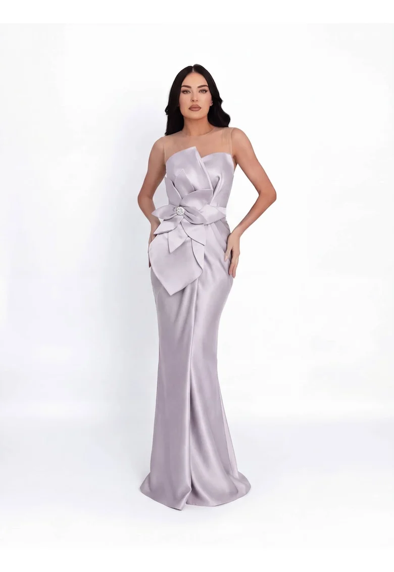 Rochie maxi,  cu aspect satinat, culoare Gri, material sintetic, de ocazie, Gri