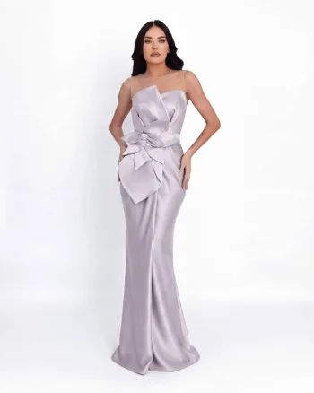Rochie maxi,  cu aspect satinat, culoare Gri, material sintetic, de ocazie, Gri