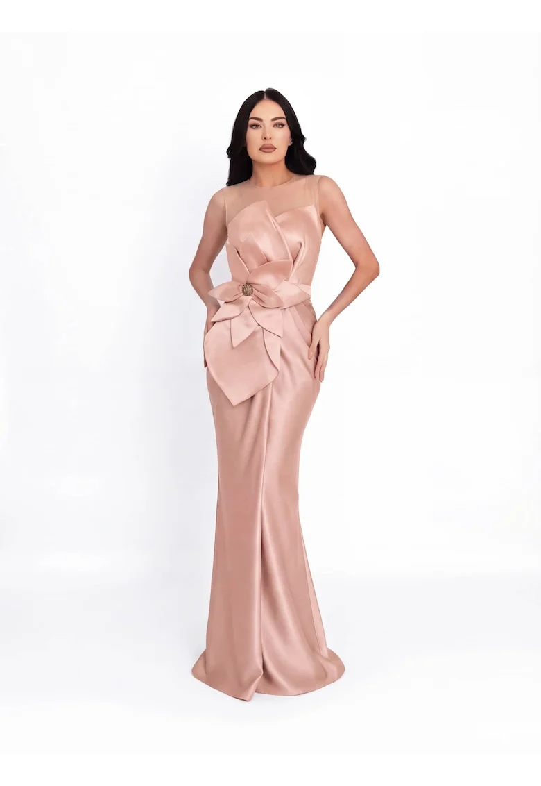 Rochie maxi,  cu aspect satinat, culoare Roz, material sintetic, de ocazie, Roz