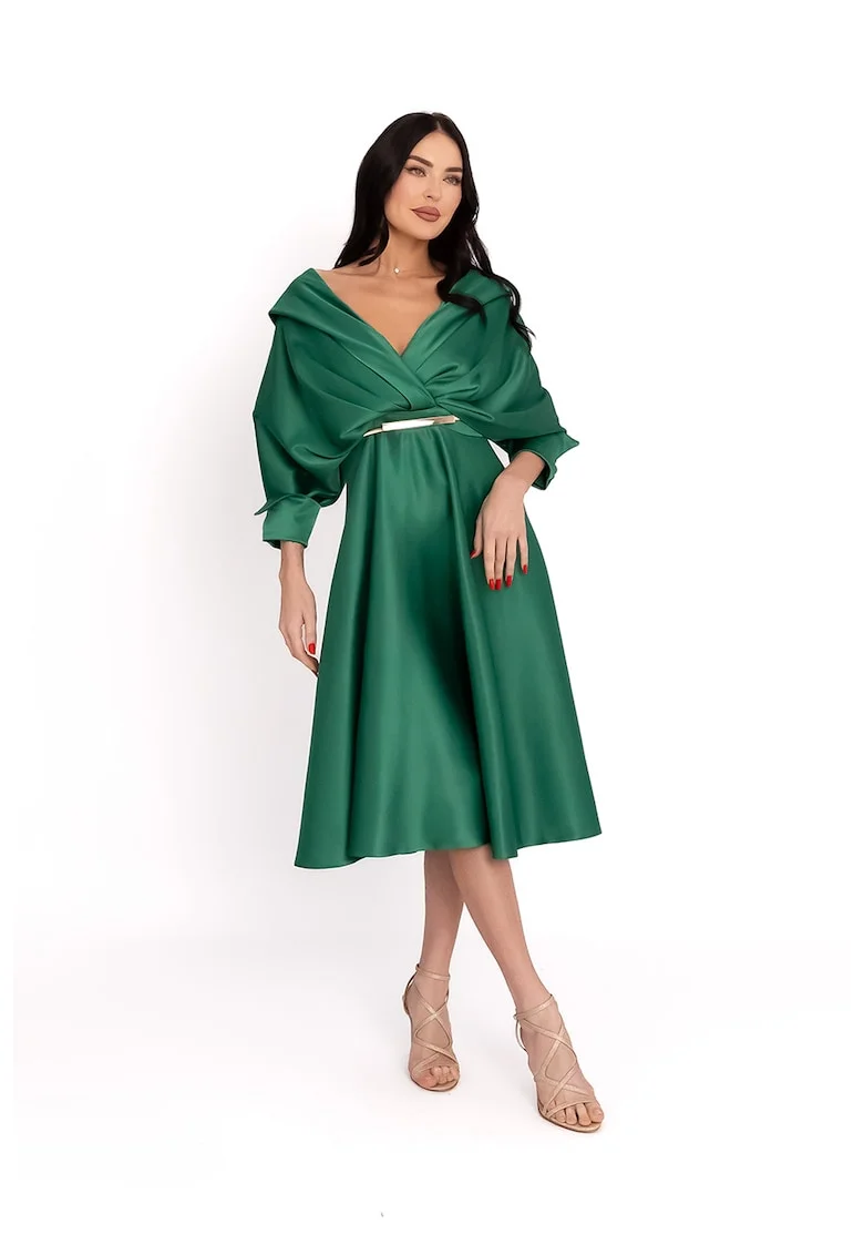 Rochie midi evazata de satin, Verde persan