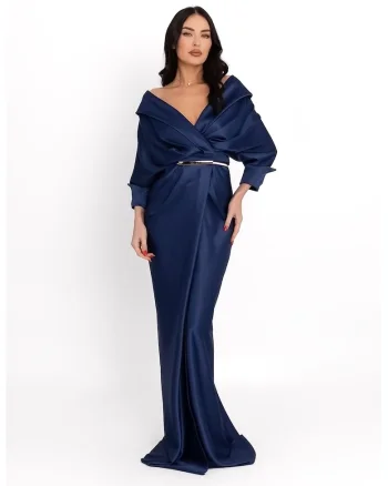 Rochie lunga drapata cu decolteu in V, Albastru inchis