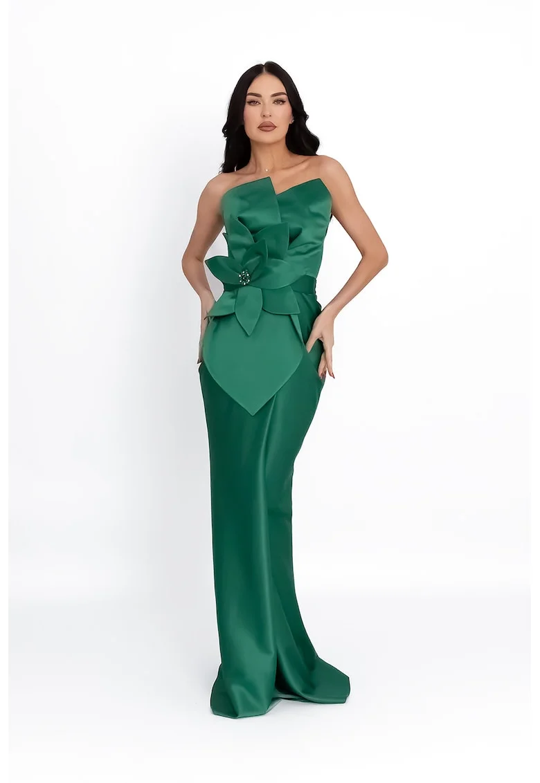 Rochie cambrata lunga cu aspect de satin si aplicatii, Verde inchis
