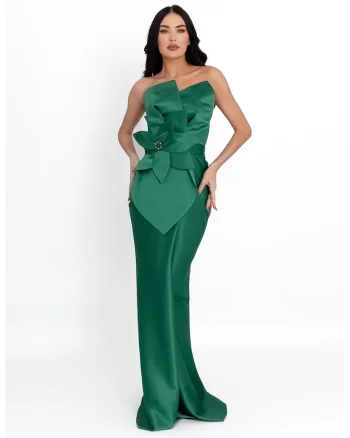 Rochie cambrata lunga cu aspect de satin si aplicatii, Verde inchis