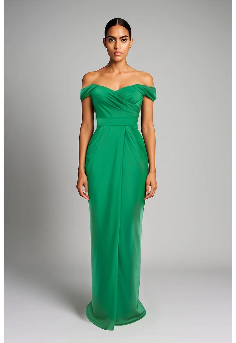 Rochie maxi drapata cu decolteu pe umeri, Verde