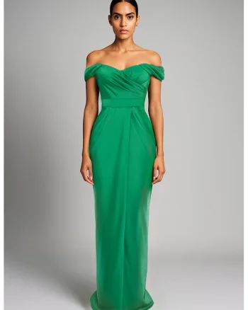 Rochie maxi drapata cu decolteu pe umeri, Verde
