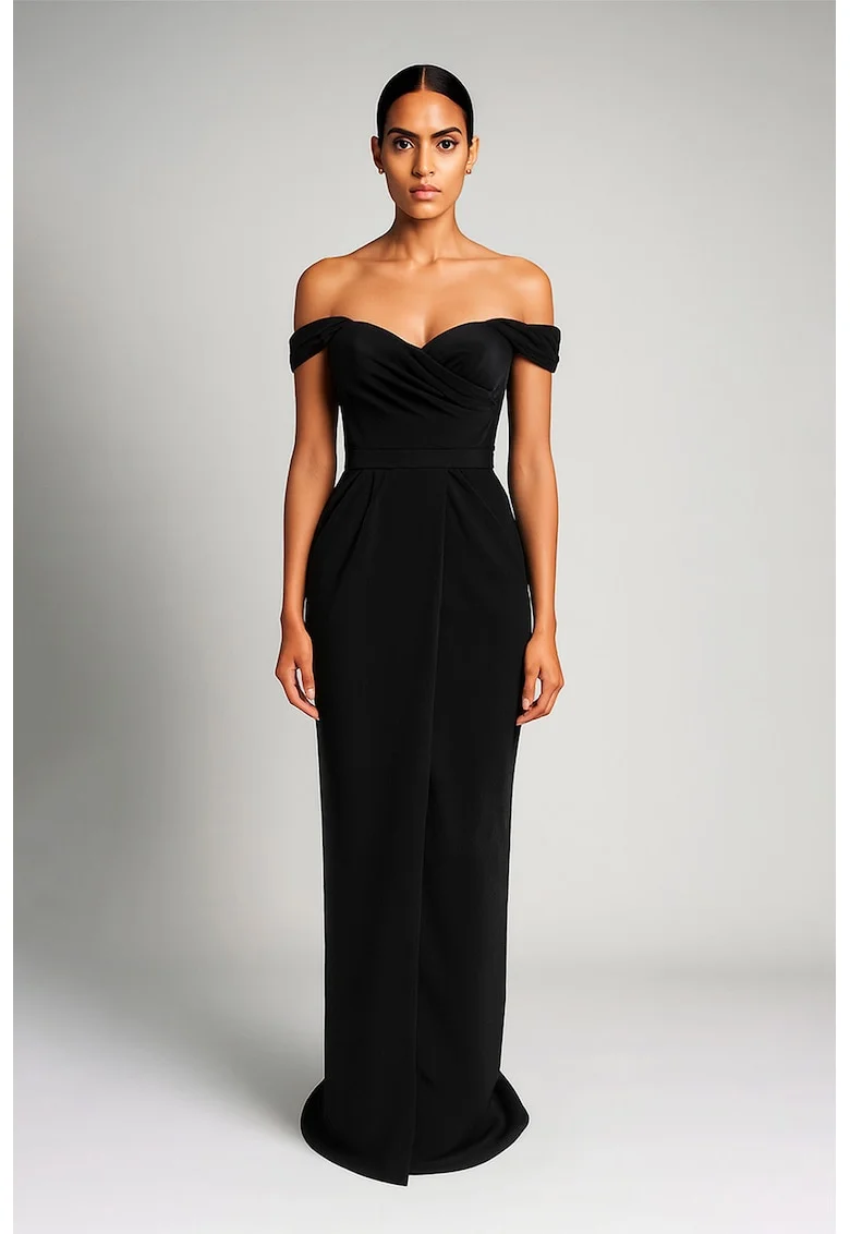 Rochie maxi drapata cu decolteu pe umeri, Negru