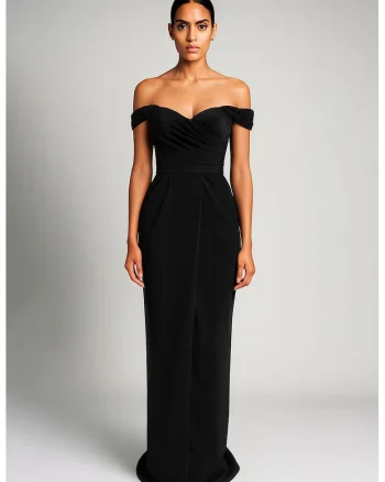 Rochie maxi drapata cu decolteu pe umeri, Negru