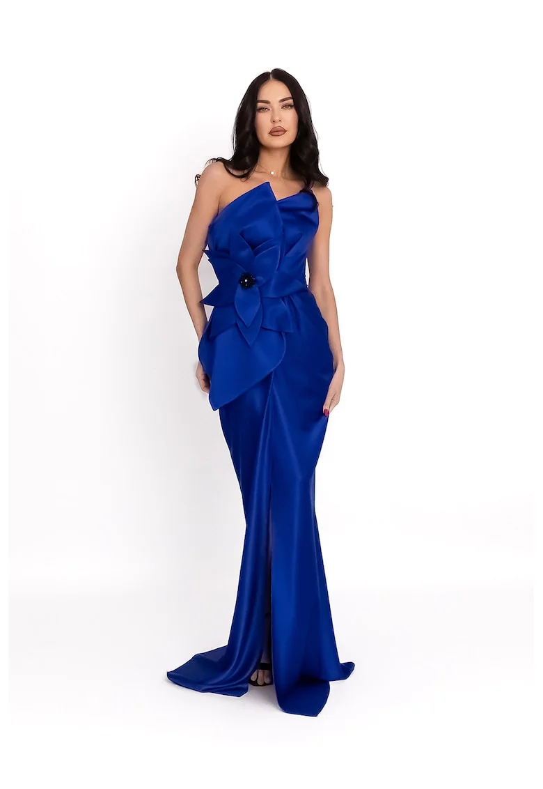 Rochie lunga satinata cu aplicatie florala, Albastru royal