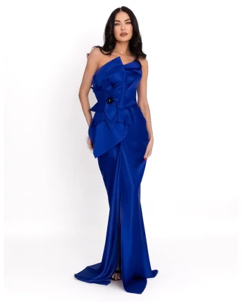 Rochie lunga satinata cu aplicatie florala, Albastru royal